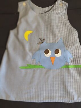 Light Blue Gingham Owl Appliqué Sundress for Kids